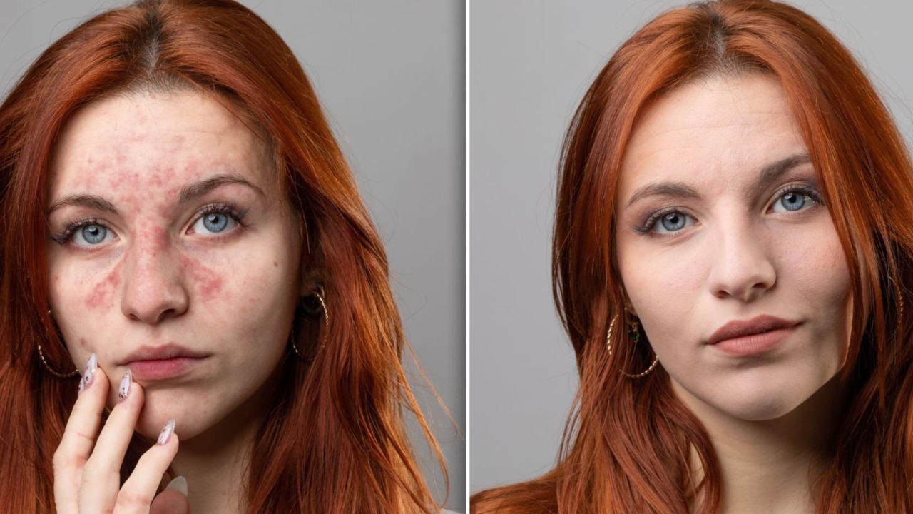 Antes e depois de rosto de mulher com rosácea, mostrando a eficiência do tratamento